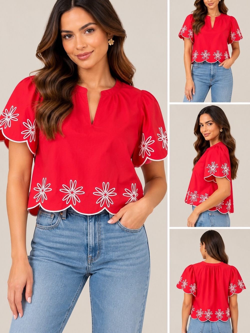 Sugarlips Red Scallop Hem Floral Embroidered Short Sleeve Top